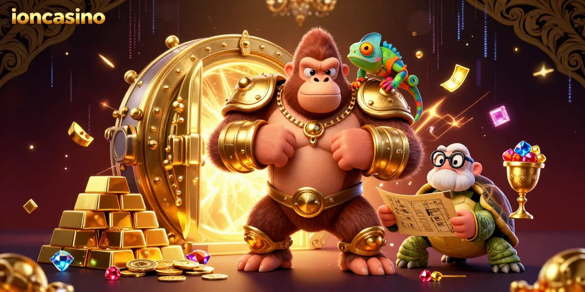 Engage with the vibrant world of ioncasino featuring a gorilla king, chameleon spy, and tortoise elder amidst treasures.