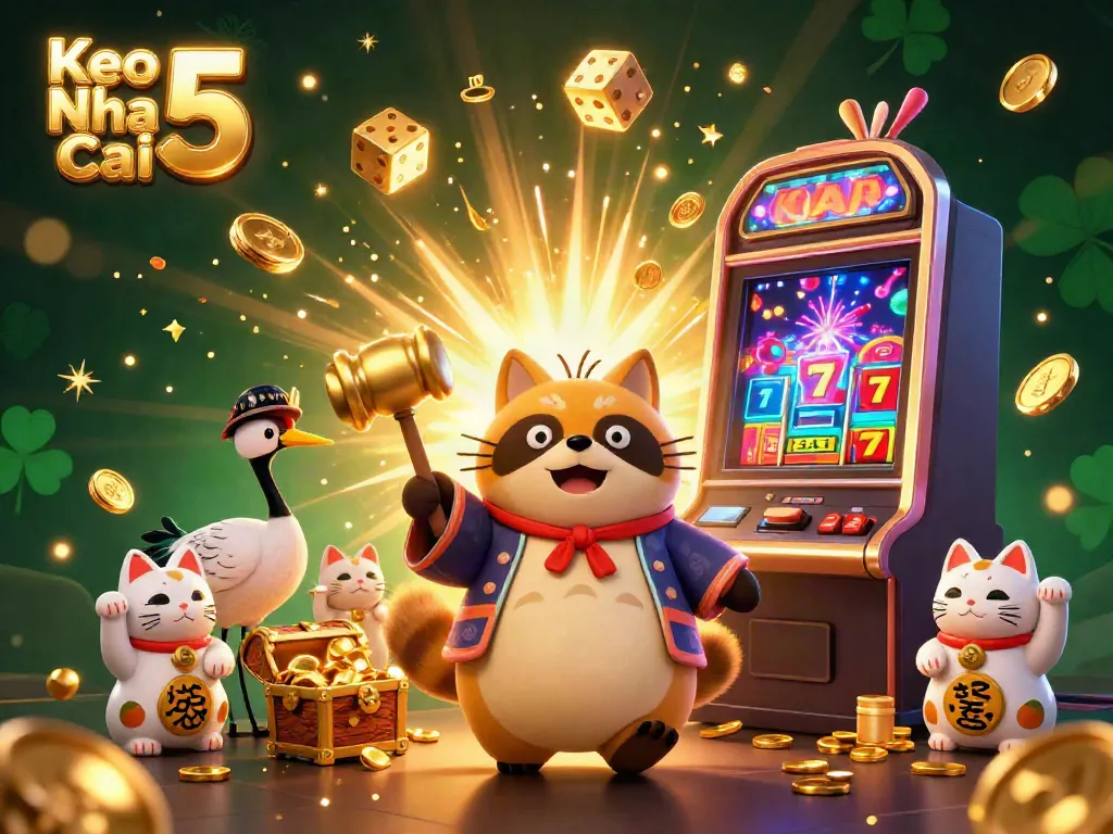 Experience the vibrant action of Keo Nha Cai 5 at a busy casino scene with animals celebrating wins.