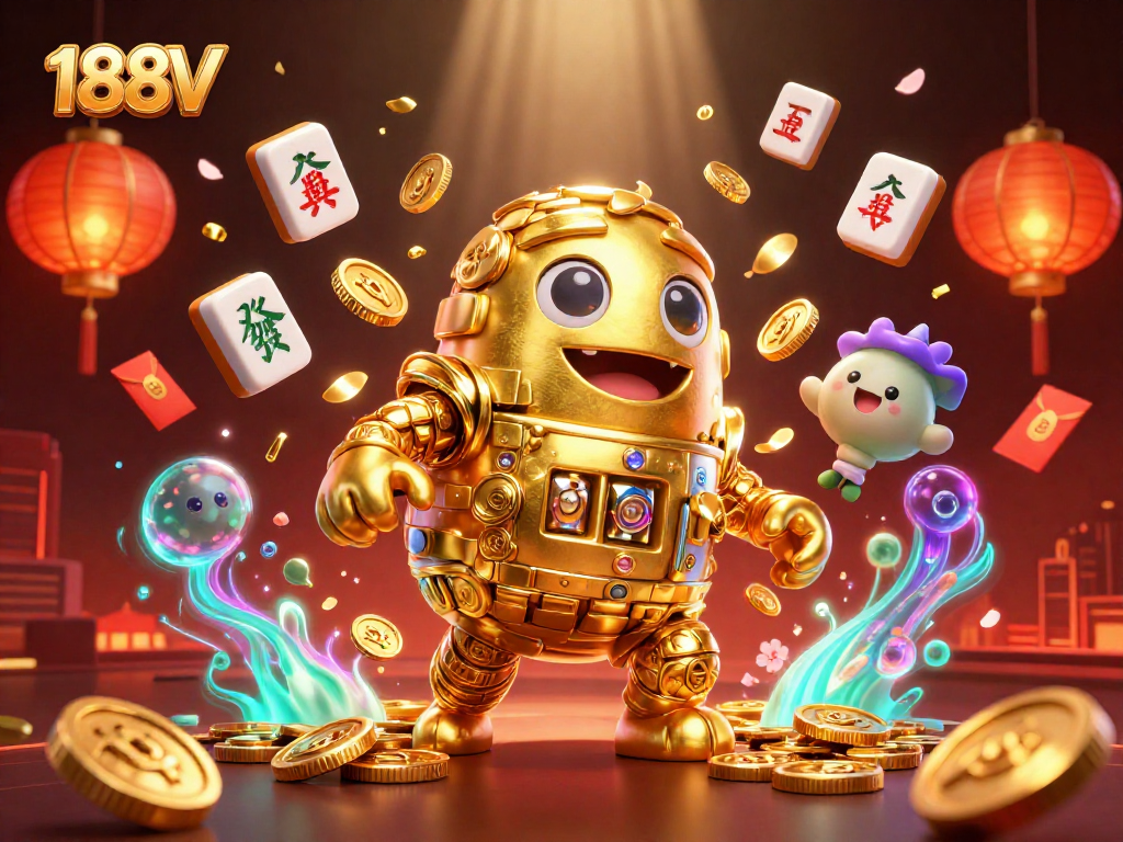 Experience thrilling gaming action with 188V's golden golem amidst a vibrant casino scene.