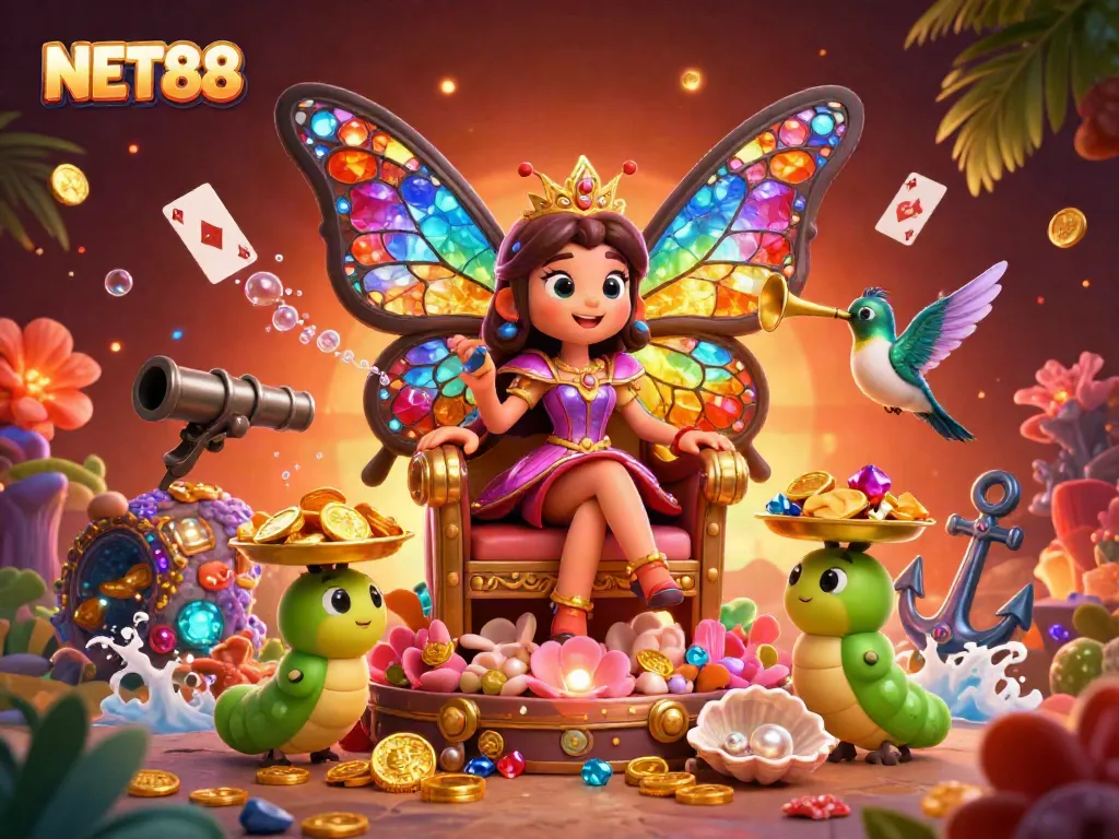 NET88 Casino Scene: A vibrant butterfly queen and caterpillars amidst gold coins and colorful gems.