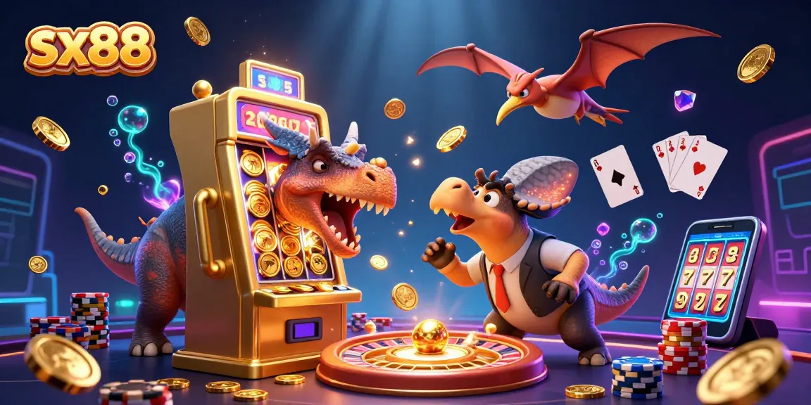 SX88 casino scene with dinosaurs, a slot machine, and flying coins for exciting gameplay