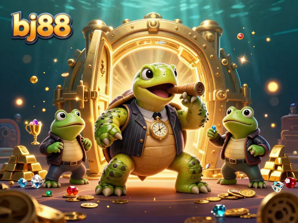 The bj88 platform showcases a lively 3D casino scene with vibrant characters, treasure elements, and dynamic casino lights.