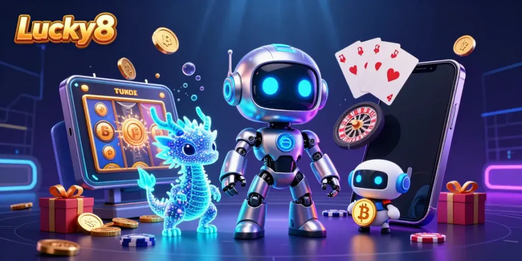 Spin the Lucky8 slots with cyberpunk robot and holographic assistant!