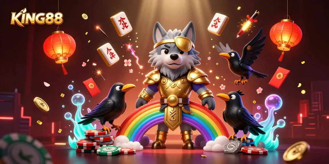 Experience thrilling gaming with KING88's vibrant casino-themed illustration featuring mythical characters.