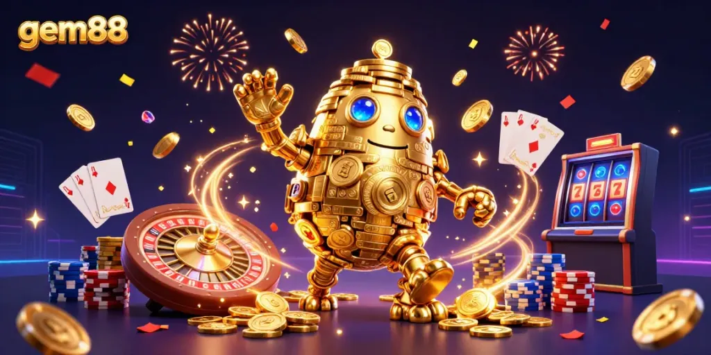 Experience thrilling wins with gem88's vibrant casino scene, featuring a golden golem and spinning roulette.