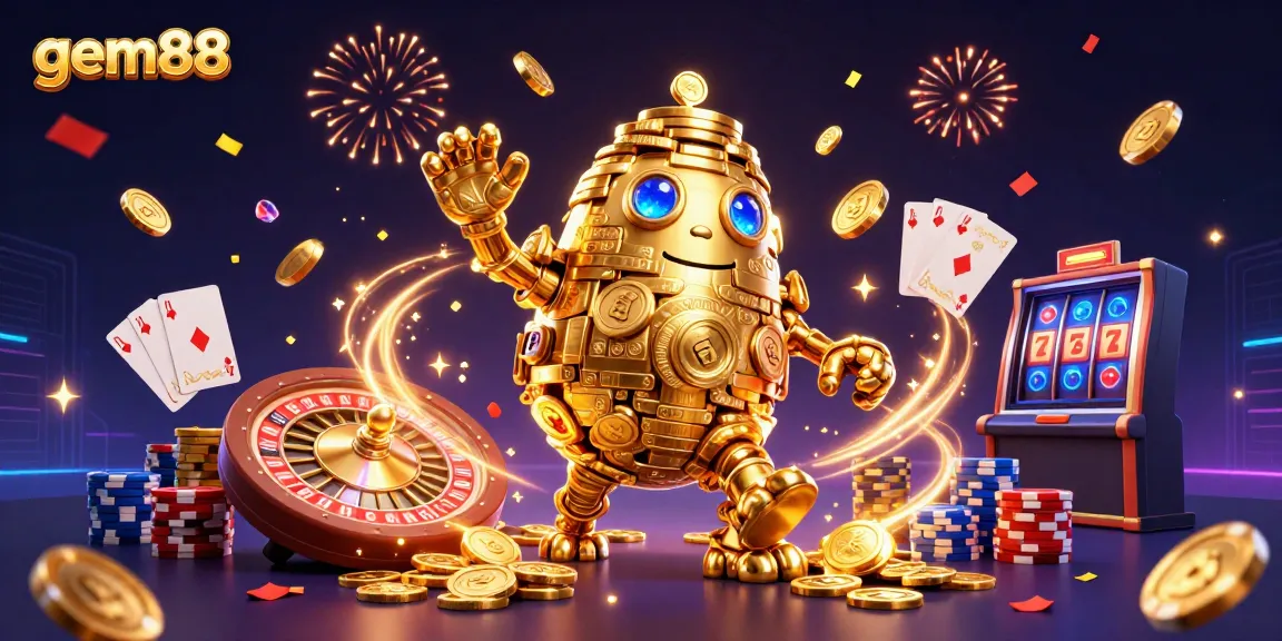 Experience thrilling wins with gem88's vibrant casino scene, featuring a golden golem and spinning roulette.