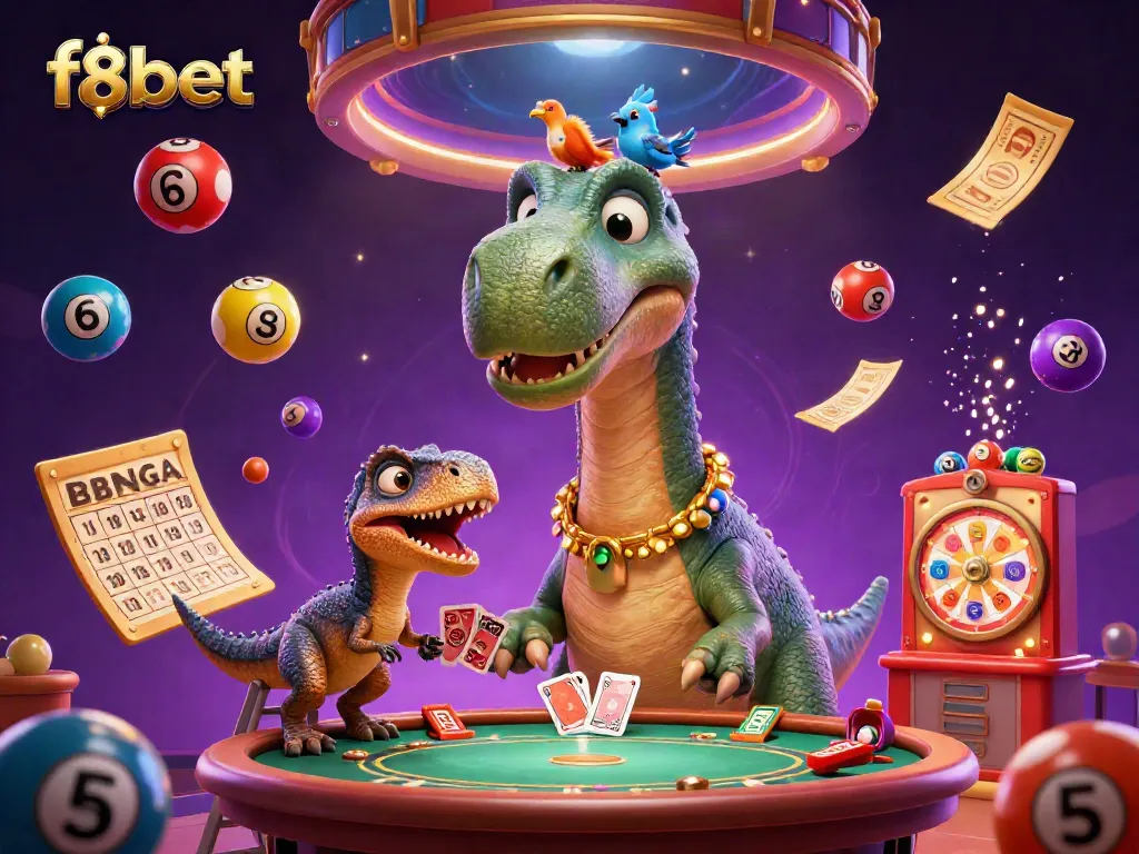 Engage in vibrant games at f8bet as a whimsical scene unfolds with a towering dinosaur and clever raptor in an exciting casino environment.