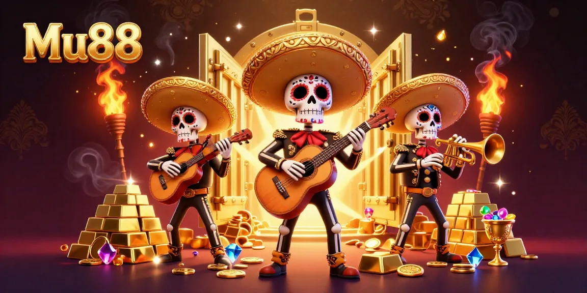 Engage in thrilling Mu88 casino entertainment with vibrant mariachi skeleton band amidst sparkling treasures.
