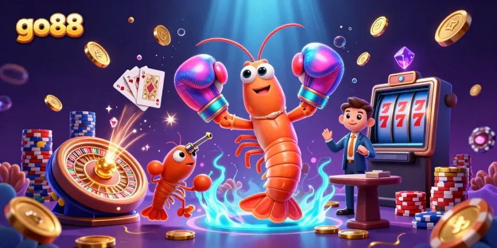 Experience thrilling wins at go88 with vibrant 3D characters celebrating with casino elements and gold coins.