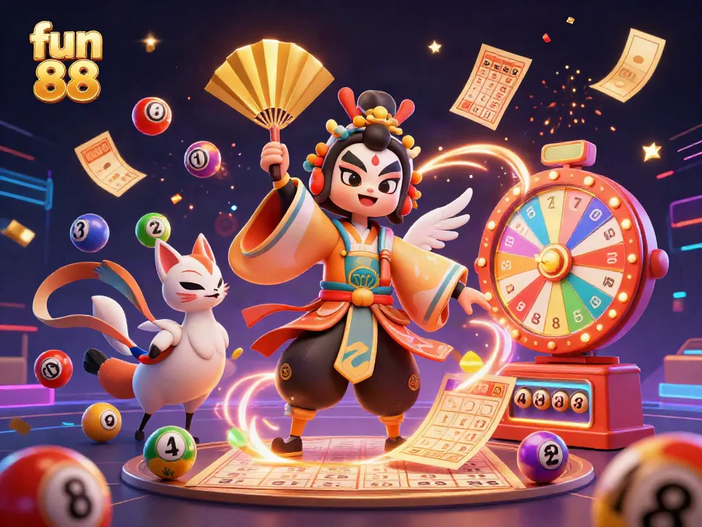 Engage with fun 88's vibrant gambling scene featuring 3D kabuki characters amidst exciting lottery elements.