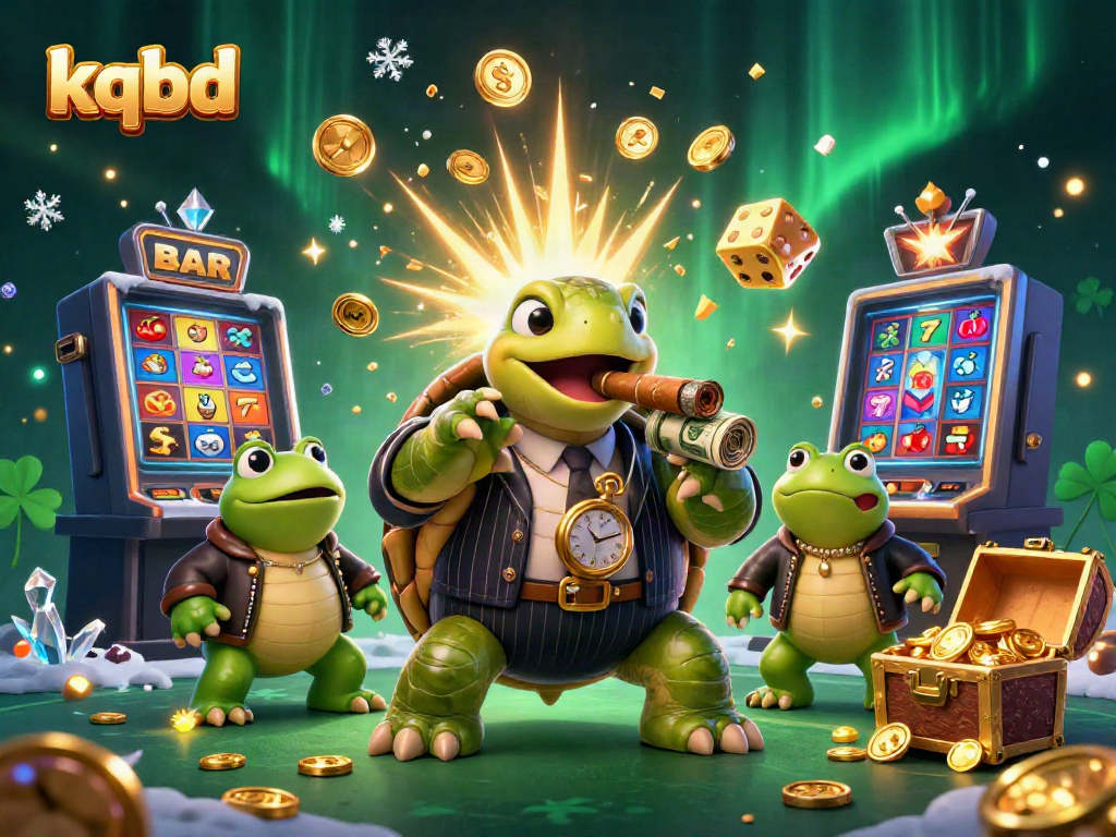 kqbd showcases a dynamic casino scene with a cartoon turtle in a suit surrounded by gambling elements.