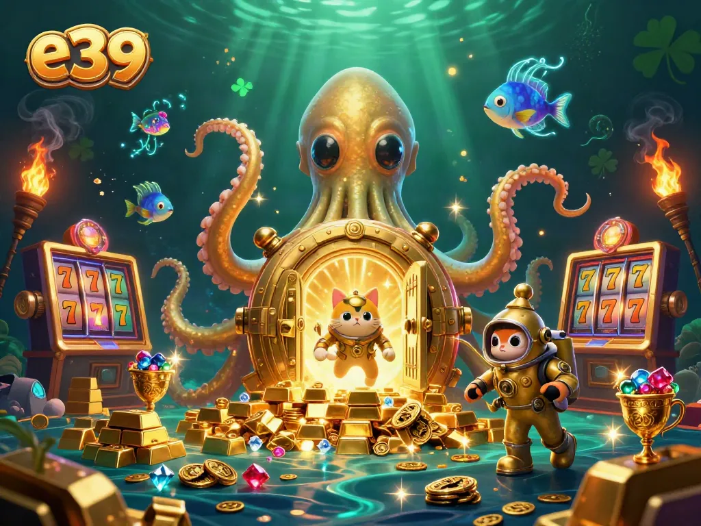 Experience the thrill of e39 gaming with a vibrant scene of a kraken and diving cat amidst golden treasures.