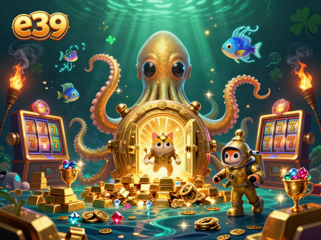 Experience the thrill of e39 gaming with a vibrant scene of a kraken and diving cat amidst golden treasures.