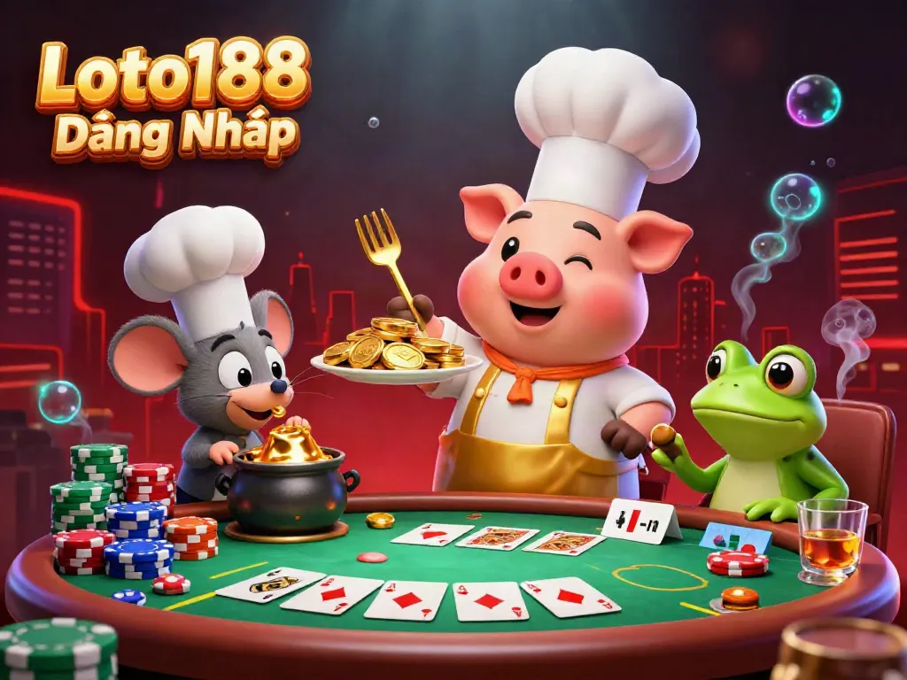 Loto188 Đăng Nhập showcases exciting casino elements with chefs and characters enjoying gold coins and poker.