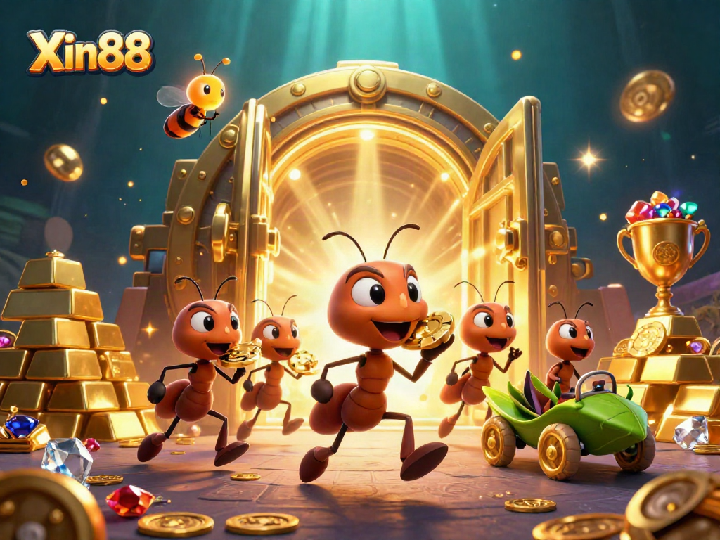 Engage with Xin88 as ants carry a huge poker chip through a treasure-filled tunnel in this vivid illustration.