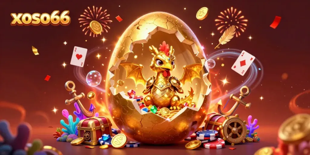 Experience the excitement of xoso66 with a golden dragon and poker chips amidst dazzling casino elements.