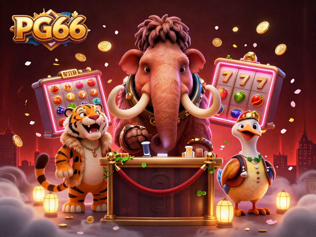 PG66 showcases a vibrant casino scene with characters illuminating the excitement of slot games.