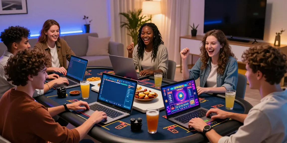 Friends enjoying Casino sans Depot games at home with vibrant layouts