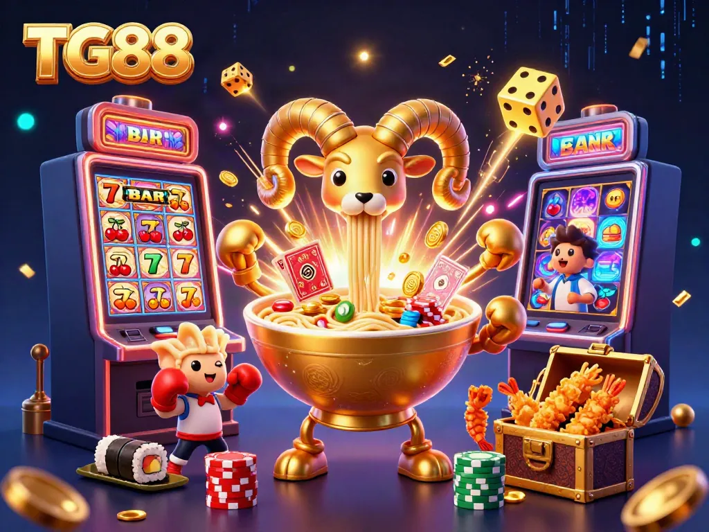 Experience the vibrant energy of TG88 with cartoon characters like a golden ramen bowl dealer amidst a whirlwind of casino elements.