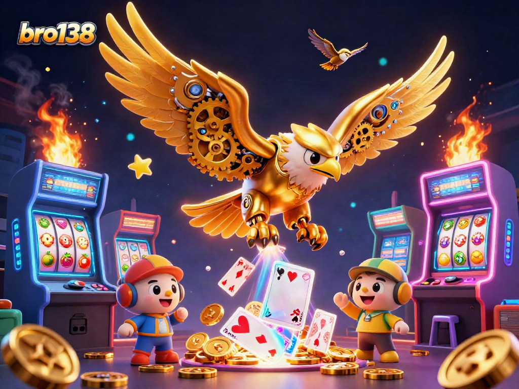 Engage with bro138's thrilling casino scene featuring a cybernetic eagle amidst vibrant slot elements.