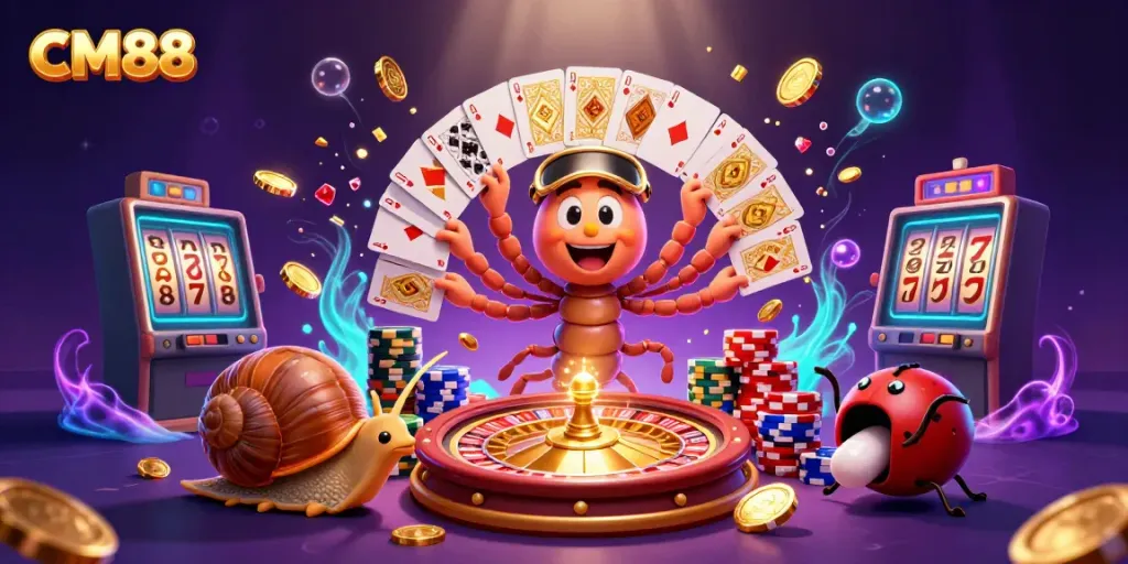Experience thrilling gaming at CM88 with a lively millipede dealer and exciting casino elements.
