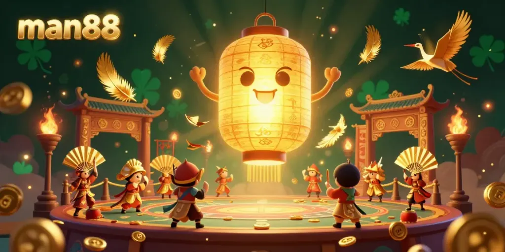 Experience the thrill at man88 with golden lanterns and paper fan warriors in a vibrant casino studio.