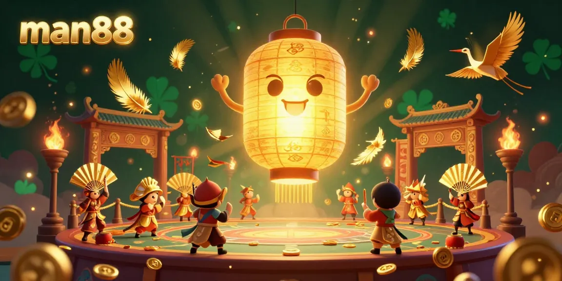 Experience the thrill at man88 with golden lanterns and paper fan warriors in a vibrant casino studio.