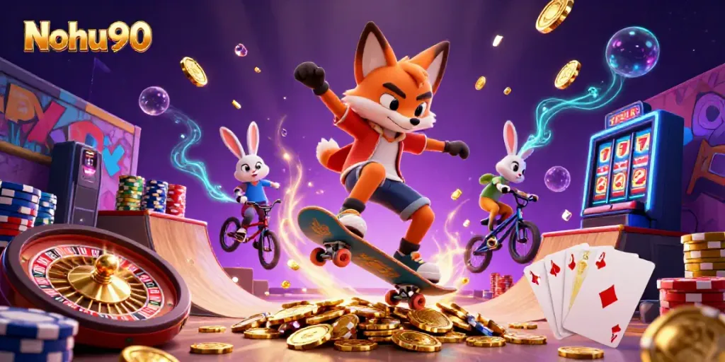 Experience the thrill of Nohu90 with a dynamic scene of casino adventures featuring a fox and rabbit.