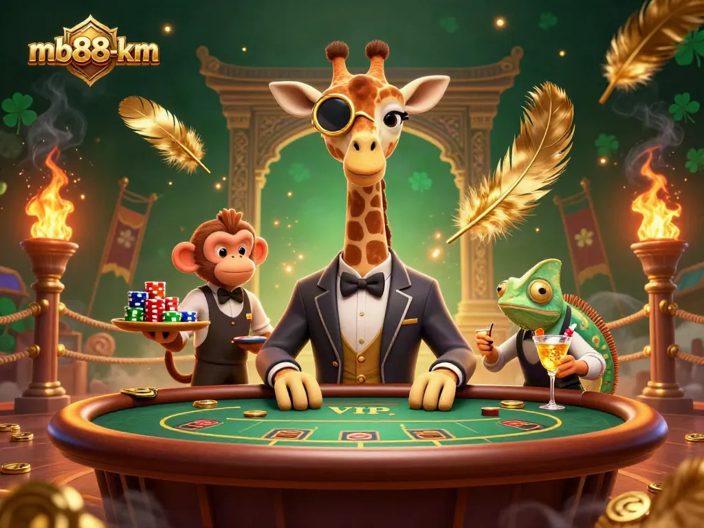 Engage with mb88-km's high-stakes poker scene featuring a giraffe and lively characters.