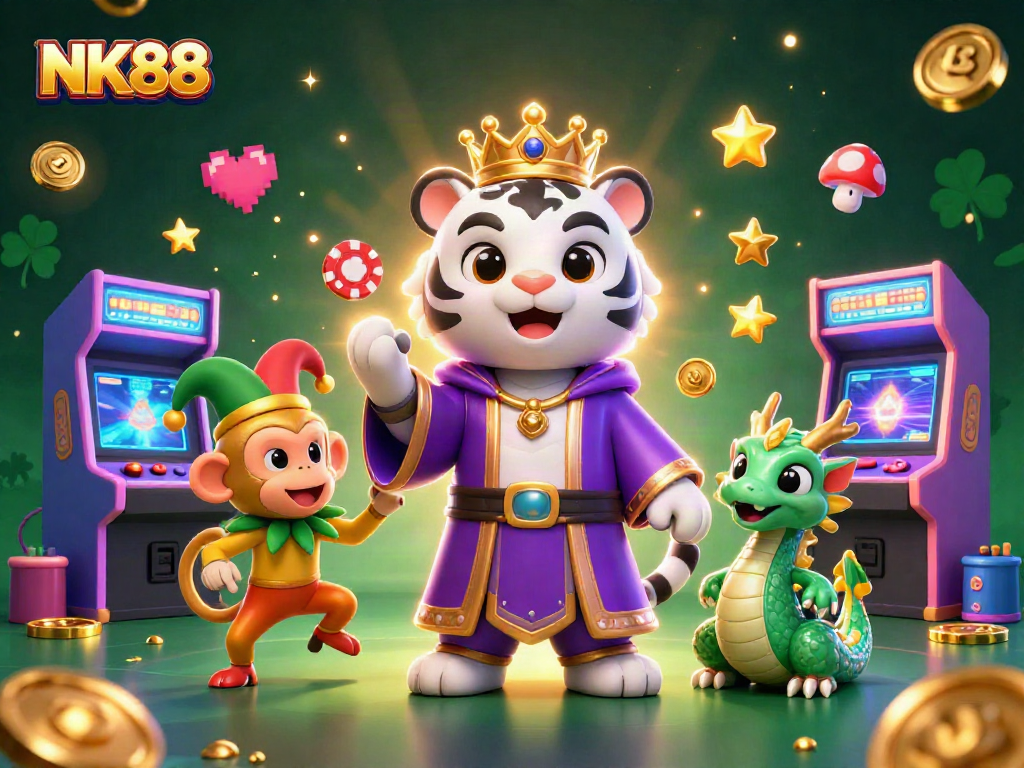 Experience thrilling gaming with NK88 featuring a majestic white tiger and playful monkey amidst vibrant casino elements.