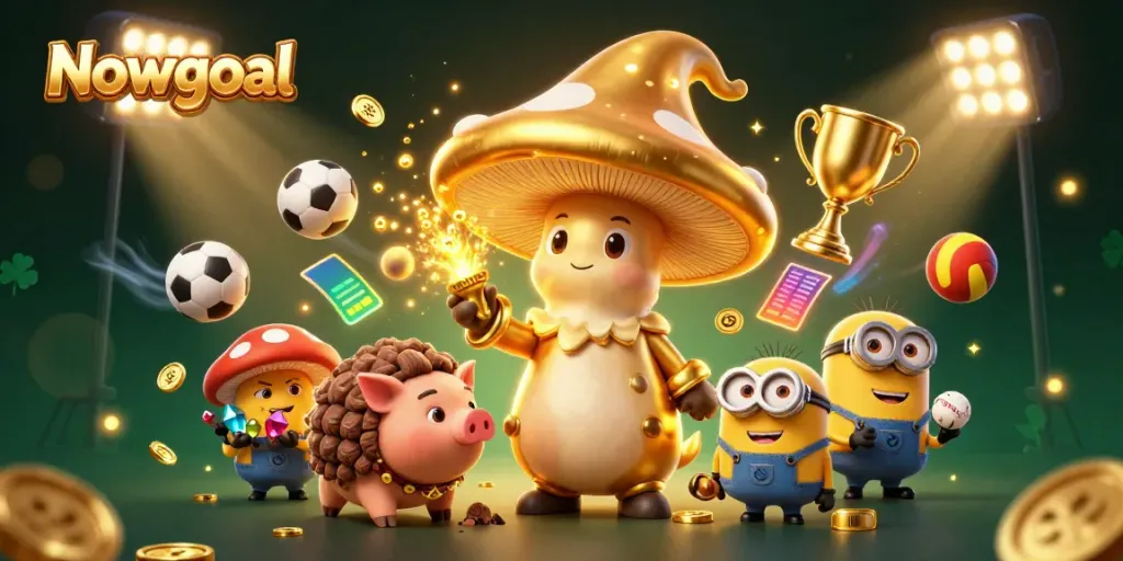 Experience thrilling sports betting with Nowgoal's dynamic 3D illustration featuring magical characters and sports elements.