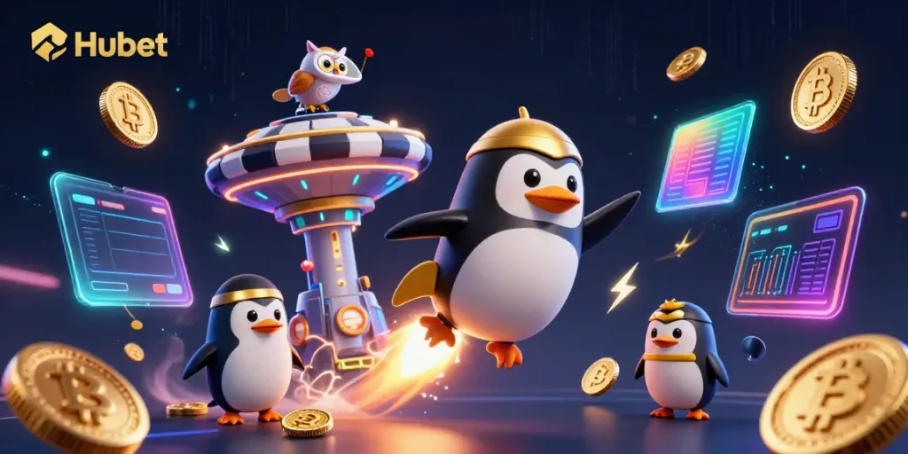 Experience Hubet with a thrilling 3D scene of a golden penguin racing toward a poker chip casino.