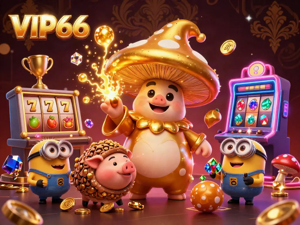 Experience the magic at VIP66 with a golden mushroom wizard and sparkling slots.
