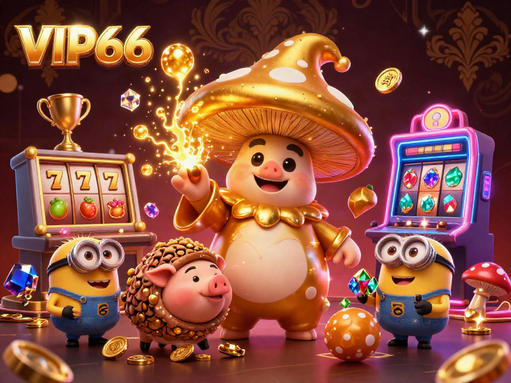 Experience the magic at VIP66 with a golden mushroom wizard and sparkling slots.
