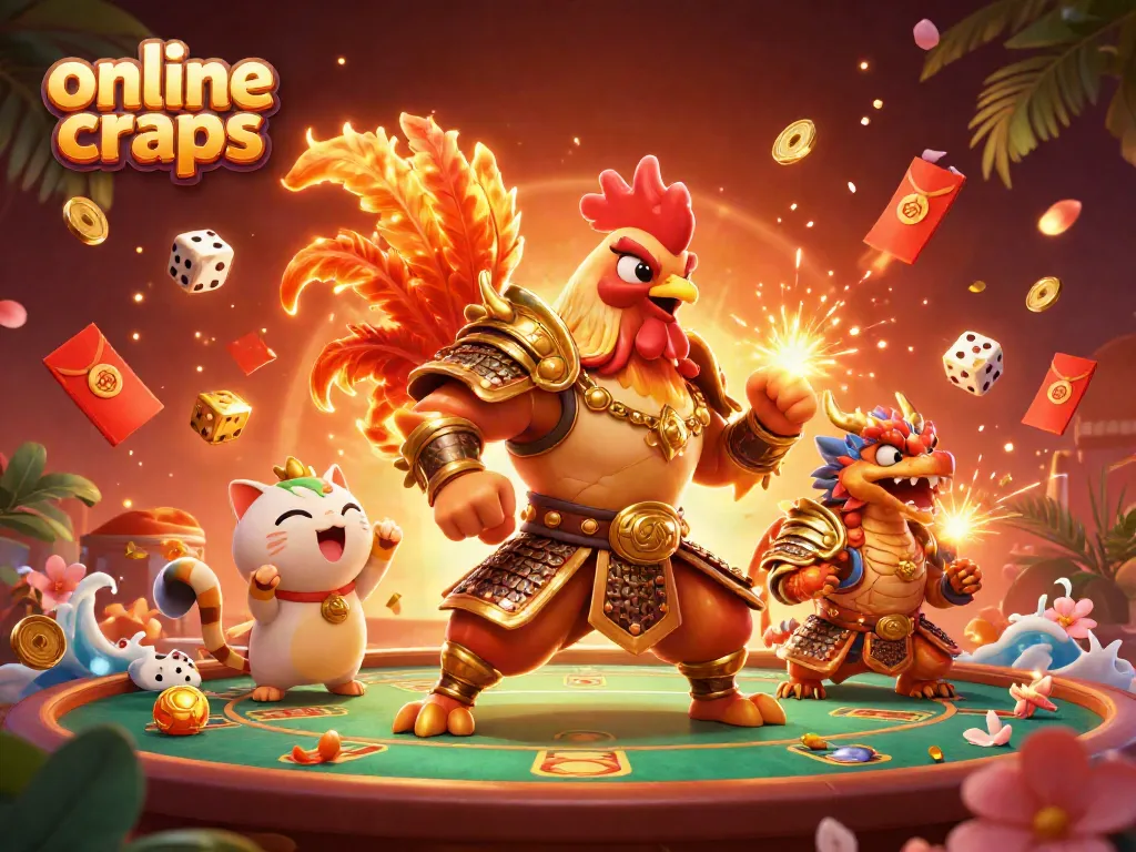 Experience online craps excitement with a powerful warrior, dragon, and lucky cat in a vibrant casino scene.