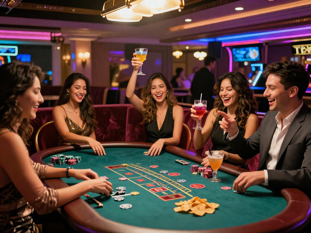 Giocatori di casino non aams celebrano le vincite al tavolo di blackjack in un'atmosfera luminosa e vivace.
