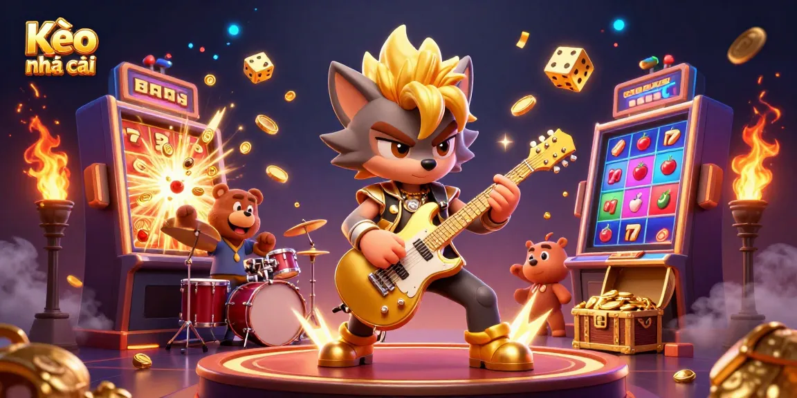 Experience Kèo nhà cái action with cartoon wolf rock star on stage, surrounded by dynamic casino visuals.