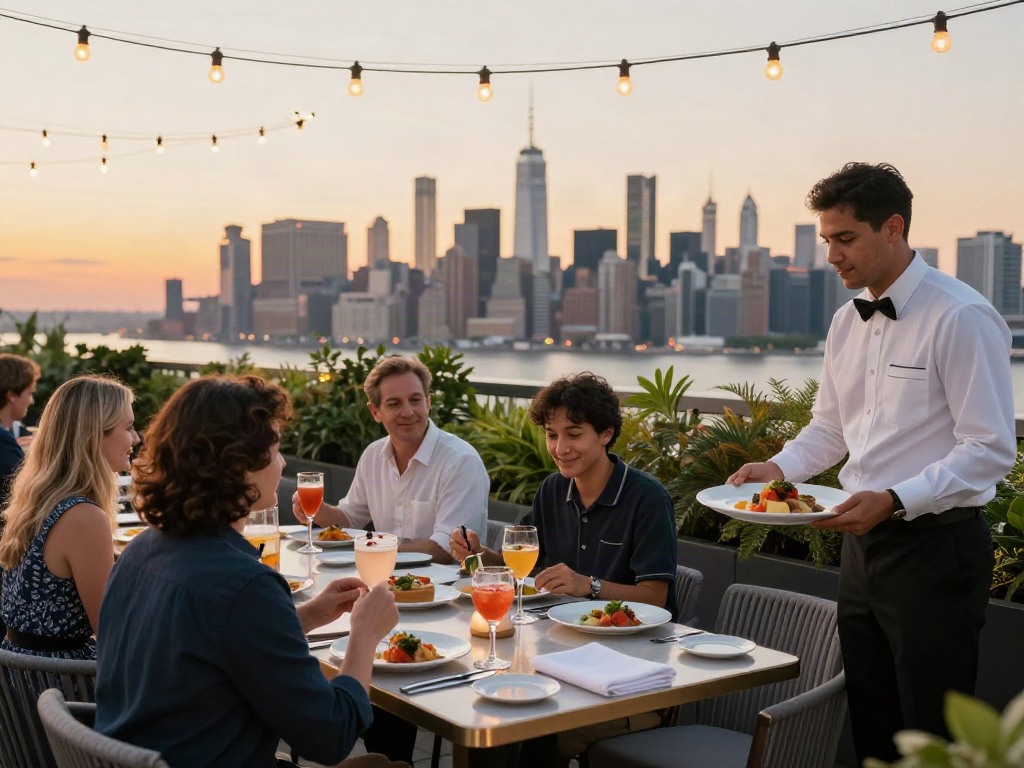 Guests dining at NoHu rooftop restaurant with NYC skyline at sunset.
