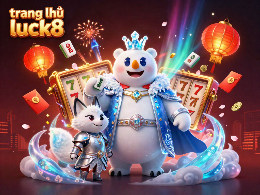 Experience the excitement at trang chủ luck8 with the king polar bear and silver snow fox, surrounded by vibrant gaming elements.