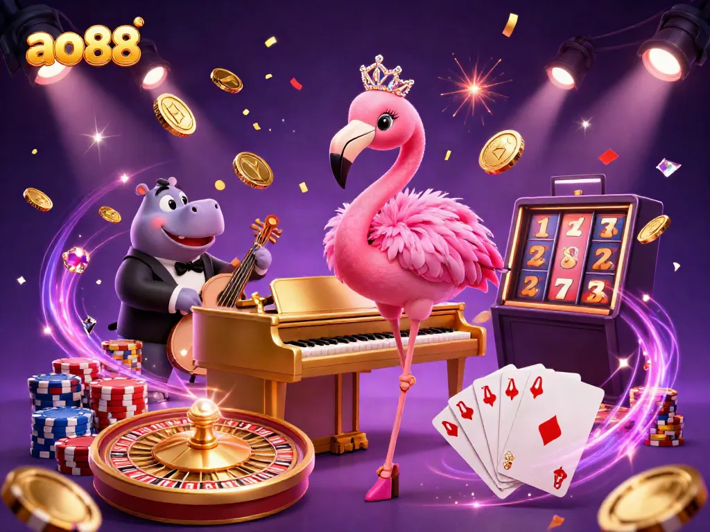 Experience the glamour of ao88 with lively characters and dynamic casino elements in a colorful 3D scene.