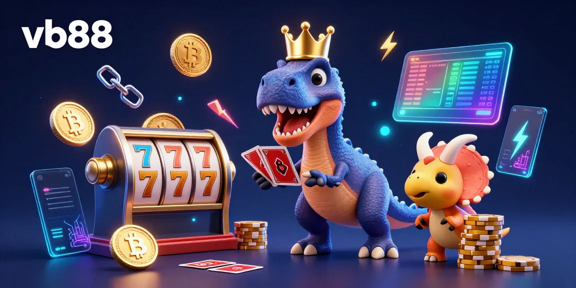 Engage with vb88 as a cute T-Rex shuffles cards while a triceratops stacks golden chips in this vibrant casino scene.