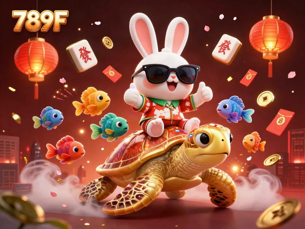 Experience the exciting world of 789F, featuring a lucky rabbit and golden turtle in a vibrant casino scene.