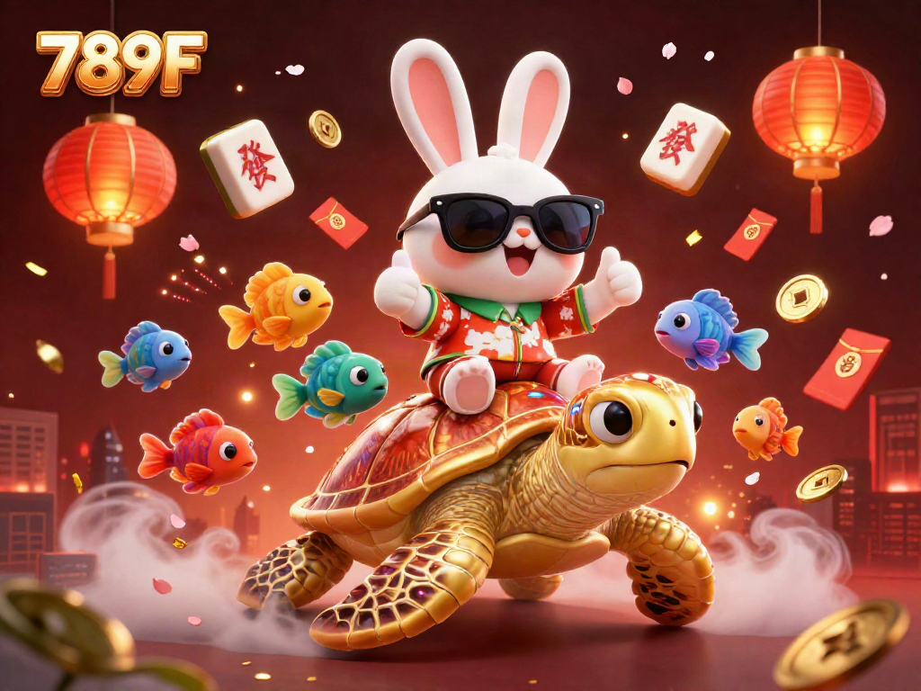 Experience the exciting world of 789F, featuring a lucky rabbit and golden turtle in a vibrant casino scene.