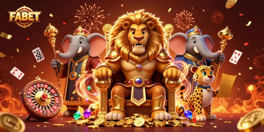 Experience thrilling gameplay at FABET with an epic lion king and casino elements.