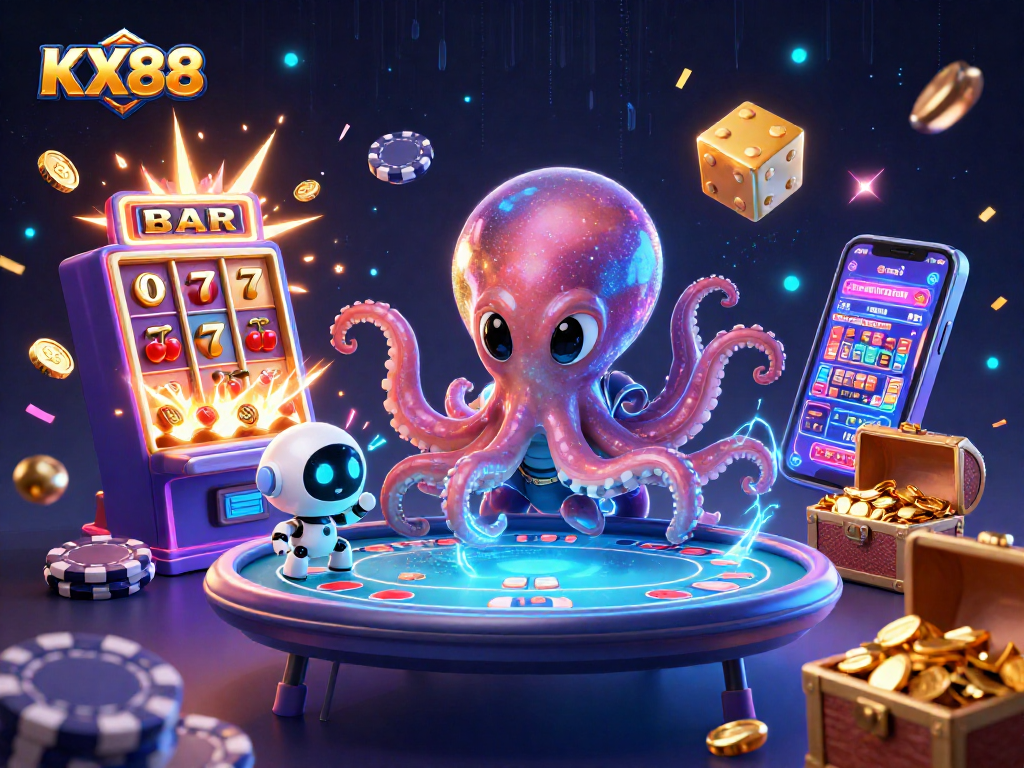 Experience exciting gameplay at KX88 with alien octopus at a dynamic holographic poker table