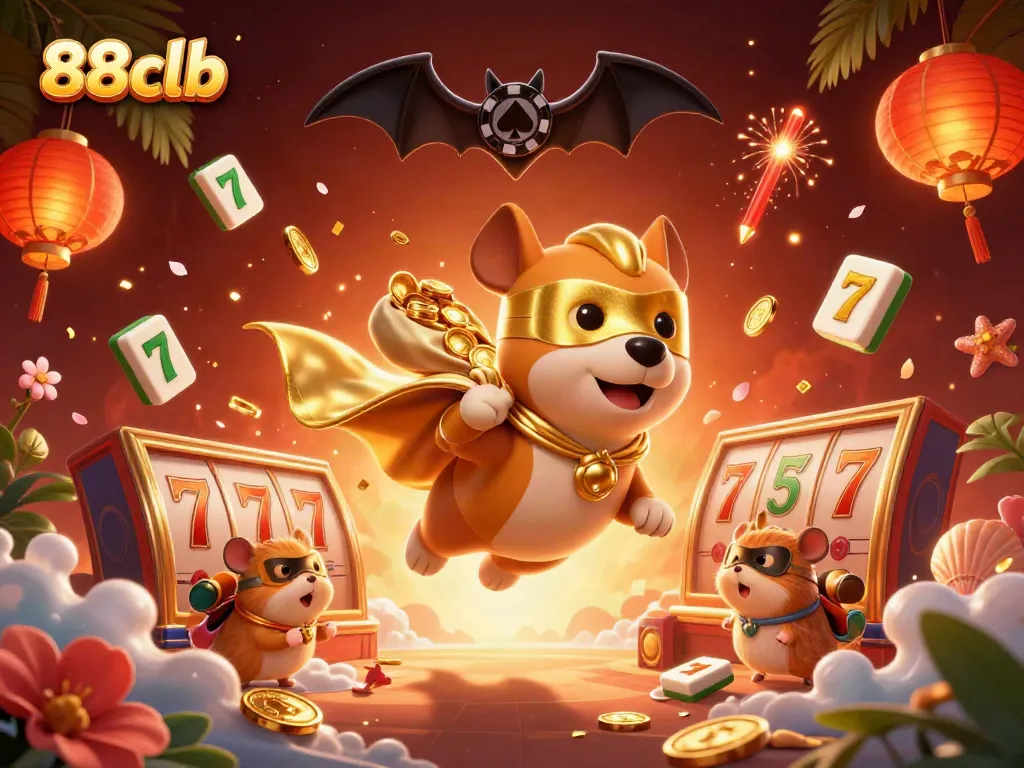 Experience exciting winnings with 88clb's superhero dog and vibrant casino symbols.
