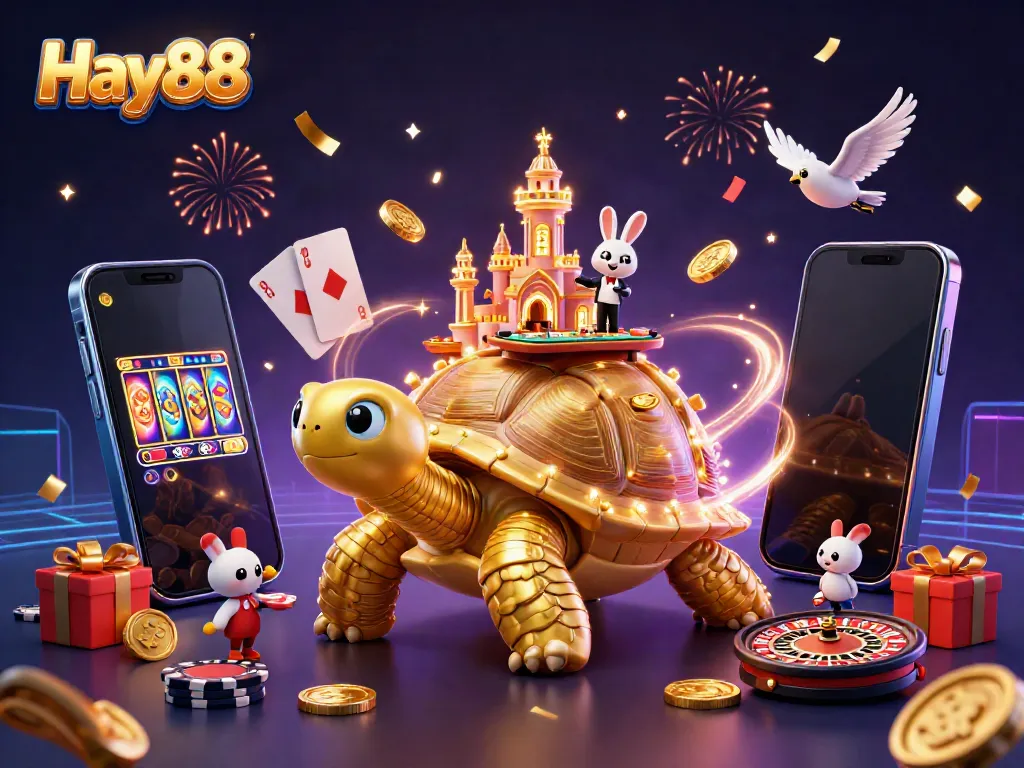 Experience the vibrant world of Hay88 with a dynamic golden tortoise casino scene illustrating captivating gameplay and rewards.