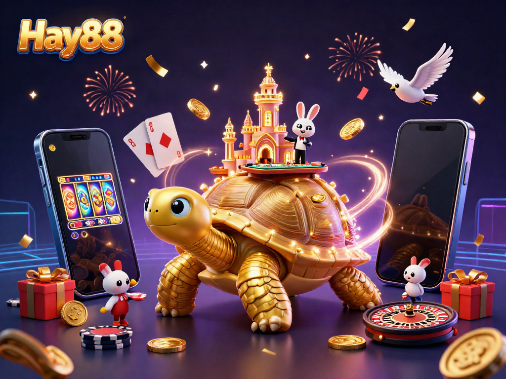 Experience the vibrant world of Hay88 with a dynamic golden tortoise casino scene illustrating captivating gameplay and rewards.