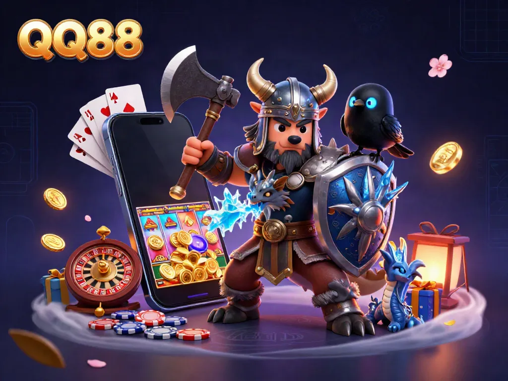Experience thrilling bets at QQ88 with a 3D Viking, ice dragon, and glowing raven among cascading coins and cards.