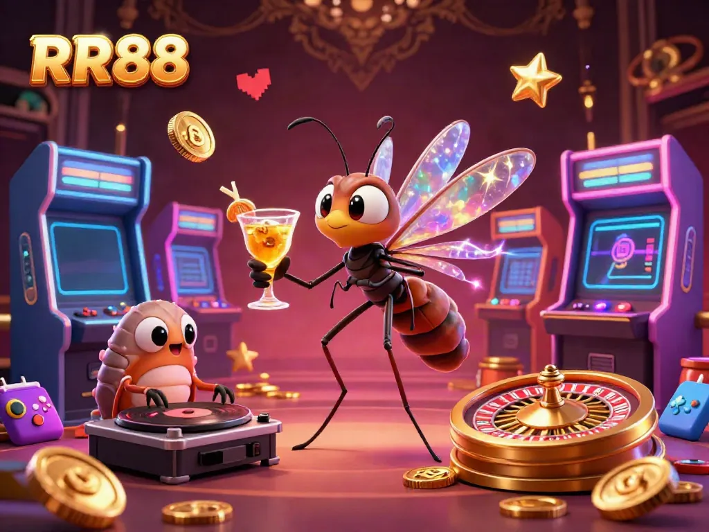 Experience the thrill of RR88 with a vibrant casino scene showcasing a frozen mosquito mascot, fossil DJ, and golden roulette wheel.